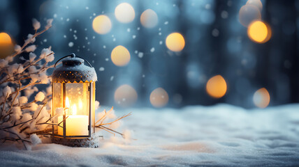 Beautiful winter background Christmas decoration with a lantern in the snow in a winter park image...