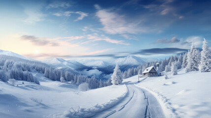 A winding road leading to a secluded cabin nestled in snowy landscapes - obrazy, fototapety, plakaty