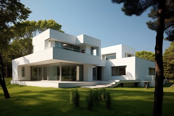 Contemporary residence with white facade, set on lush lawn beneath a cloudless sky. Generative AI