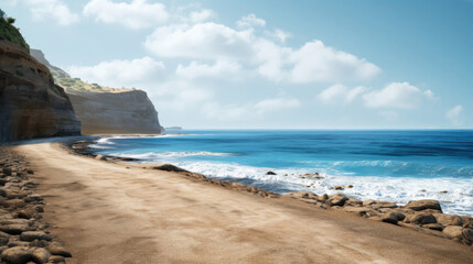 A coastal road with cliffs on one side and a sandy beach on the other