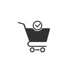 Shopping cart and check mark icon vector completed order, confirm flat sign symbols logo illustration isolated on white background black color. Concept design art for business and online Marketing - obrazy, fototapety, plakaty