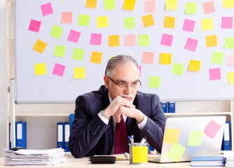 Aged man employee in conflicting priorities concept