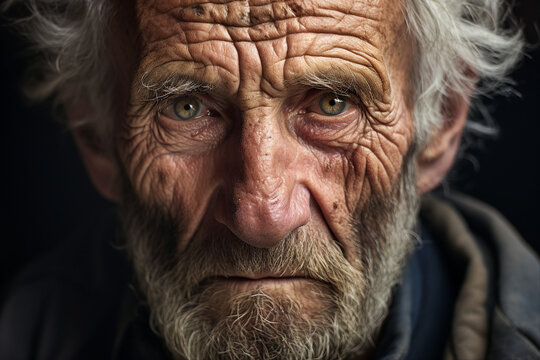 Close up generated ai picture of old elderly upset unhappy man with a wrinkled face living alone