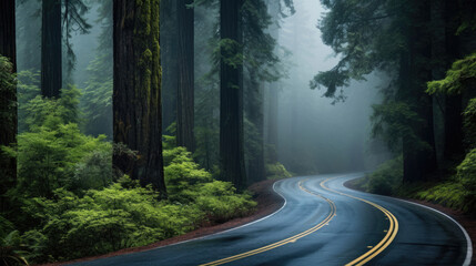 Fototapeta premium A winding road passing through a mist-shrouded, ancient redwood forest