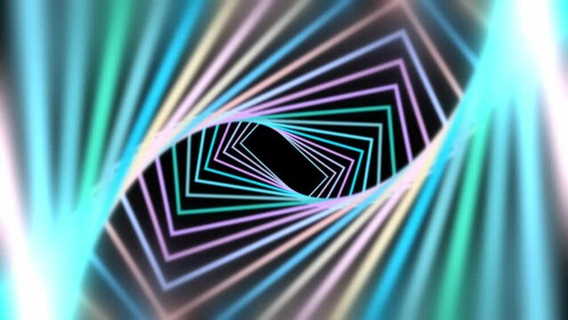 Rotating rectangles shapes as multicolor rectangle pattern background with rotating shapes and neon glow effect of neon lines with geometric shapes as glowing illuminated background motion for dynamic