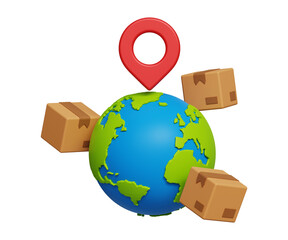 3D product delivery. World wide shipping. Cargo transport concept. Globe with boxes and location pin icon. 3d illustration