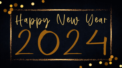 Fototapeta na wymiar HAPPY NEW YEAR 2024 - Festive New Year's Eve Sylvester Party background greeting card template - Gold frame, year, text, bokeh lights on dark blue black night sky texture