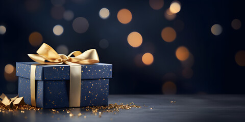 Blue gift box with a gold ribbon and a gold bow on a table on a black background - obrazy, fototapety, plakaty