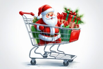 Festive Shopping Santa Claus and Gifts in Red Shopping Cart