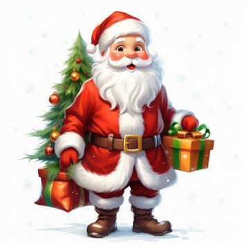 Festive Santa Claus with Snowy Beard and Christmas Tree Decoration