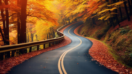 Naklejka premium A winding road with colorful autumn leaves forming a vibrant tunnel