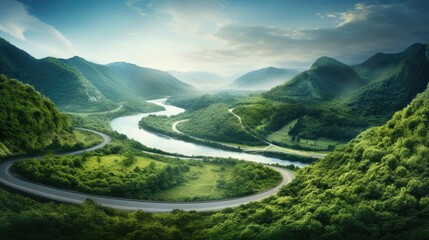 A scenic road bending through a lush,  green valley with a meandering river