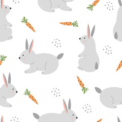Childish seamless pattern with rabbit and carrot. Easter background.