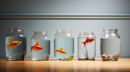 Goldfish in jars on a shelf.