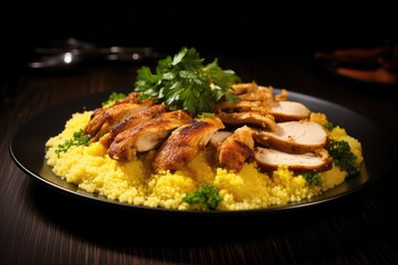 Fototapeta premium Sliced chicken and couscous garnished with parsley on a black plate.