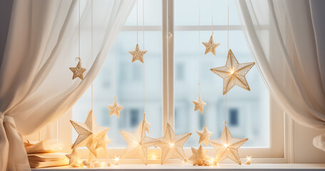 Magical cozy baby's room decorated with garland and stars. Christmas decor for the children's room. Homemade Christmas stars hung from the window. Copy space