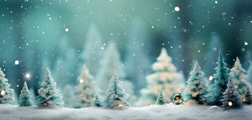 Christmas glowing lantern stands on snowy ground against bokeh of holiday lights, view from ground...