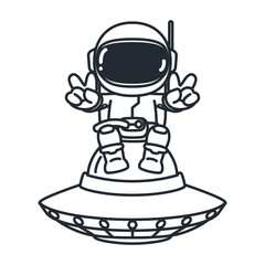 astronaut, cute, kid, spaceman, technology, boy, peace, white, suit, vector, illustration, isolated, character, spacesuit, cartoon, cosmos, moon, science, child, travel, victory, line, drawing, hand