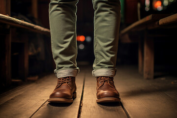 Close up generative AI photography of male legs in comfort fashionable leather warm shoes