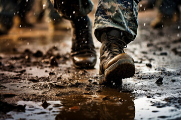 Close up photo of military legs on the battlefield ground made with generative AI