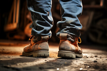 AI generated close up photo of working man in dirty footwear