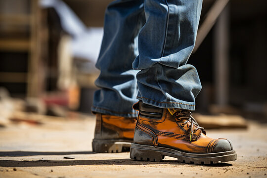 Close up generative AI photo of male person standing outdoors on a farm in dirty working footwear