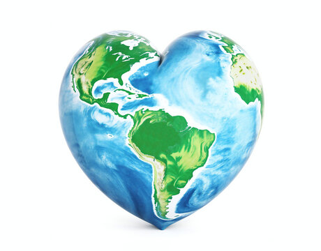 A blue green heart with the planet inside on a white background