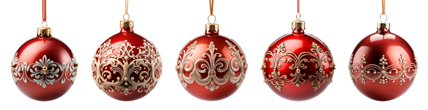 Set of Beautifully Decorative Red Christmas Tree Ornaments Isolated. Generative AI. Transparent PNG.