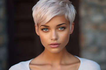Generative AI picture of stunning lady with short stylish haircut dyed hair walking in a tropical country - obrazy, fototapety, plakaty