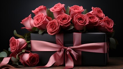  Pink Roses Bouquet Packed Red Box Placed Black Stone, Background Image 