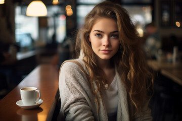 Young beautiful girl sitting table in trendy cafeteria cafe drinking hot fresh coffee Generative AI technology