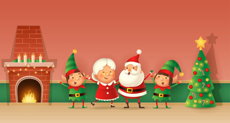 Obraz na płótnie Canvas Christmas card - Santa Claus, Mrs Claus and Elves celebrate Christmas - home interior with fireplace and tree