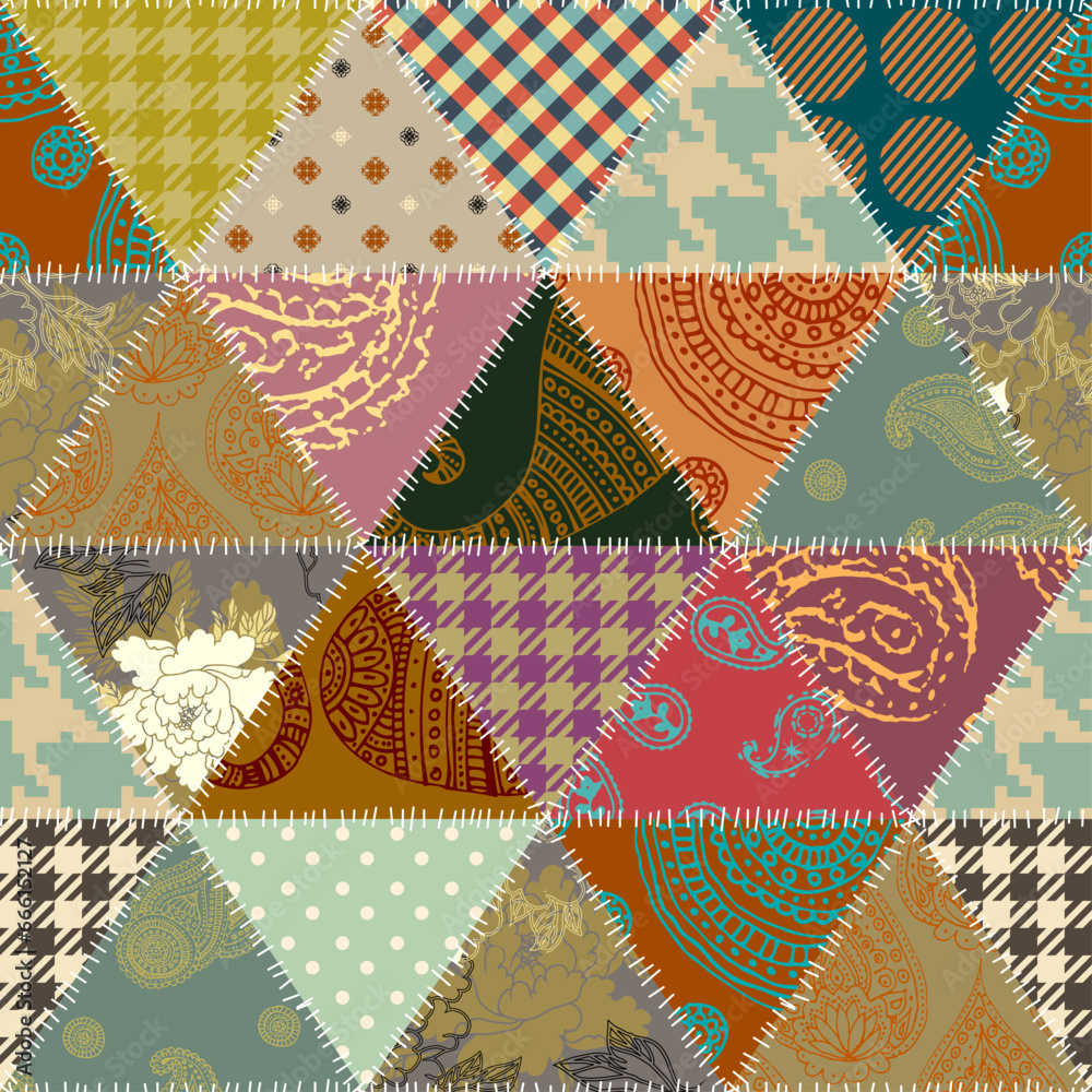 Poster Quilting design patchwork pattern with natural khaki colors. Vector pattern.