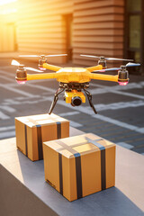 Delivery of parcels using drones. Drone with cardboard box.