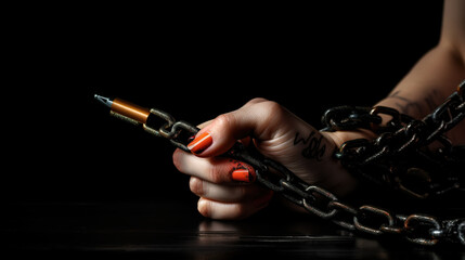 Woman hand with black pen tied with chain, World press freedom day concept. Generative Ai