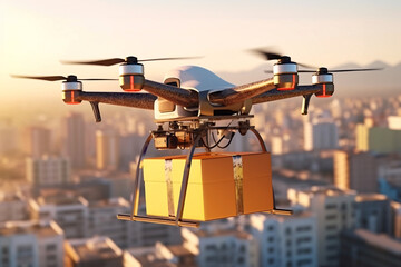 Delivery of parcels using drones. Drone with cardboard box in flight. Shallow depth of field