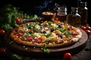 Mediterranean Pizza with Olives and Feta Cheese.