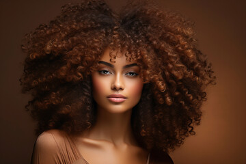 Fototapeta premium Generative AI picture of Young beautiful girl model demonstrating perfect styling curly hair