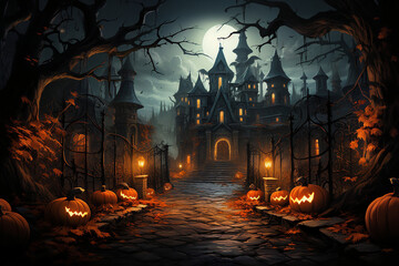 Picture generative AI of mysterious city moonlight sky mysterious halloween night