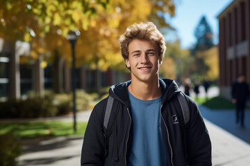 Generative AI photography of happy cheerful male graduate going to school on a sunny september day