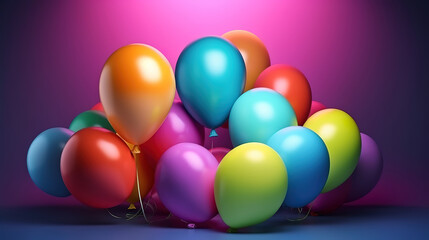 Bunch of bright balloons and space for text against color background. Generative Ai