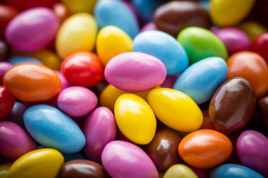 Close up of a pile of colorful chocolate coated candies made with generative AI
