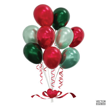 Realistic red and green Bunch of balloons with heart, ribbons isolated on Background. Bouquets of balloons Flying for Party, card, decor, Birthday, Christmas, Celebrations. 3D Vector Illustration.