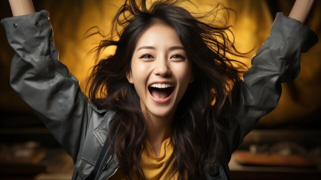  Cheerful Asian Girl Champion Rooting Smth Raising, Background Image , Beautiful Women, Hd