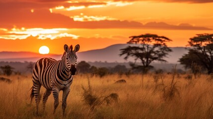 Fototapeta na wymiar Africa sunset. Plains zebra, Equus quagga, in the grassy nature habitat with evening light in Lake Mburo NP in Uganda. Sunset in savanah. Animals with big trees.