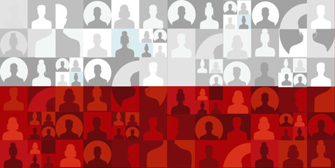 Stylizowana flaga Polski, z wpisanymi sylwetkami ludzi  - ilustracja wektorowa - obrazy, fototapety, plakaty