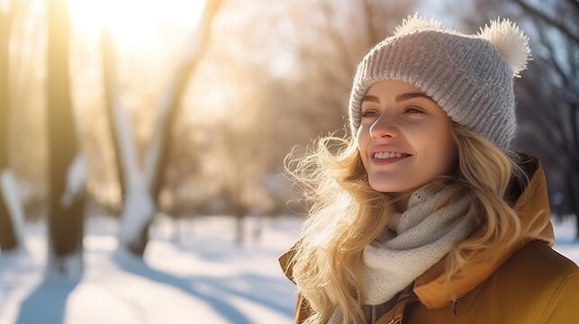 Influencer Model im Schnee mit Platz f&uuml;r Text. Wintermode tragen und zeigen im Winter. Winterlandschaft mit h&uuml;bscher, l&auml;chelnder Frau mit Hut oder M&uuml;tze. Ideal f&uuml;r Fashion zur kalten Jahreszeit 