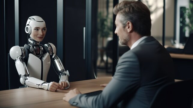 Vorstellungsgespr&auml;ch einer k&uuml;nstlichen Intelligenz. Menschlicher Roboter als Mitarbeiter im B&uuml;ro. 