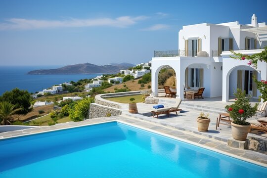 Mediterraner Urlaub in einer Finca mit Pool bei sch&ouml;nem Wetter. Immobilien am Mittelmeer. Ideal f&uuml;r Stimmungen zum Thema Urlaub im S&uuml;den. 