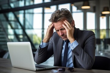 Mann mit Kopfschmerzen am Arbeitsplatz im Büro. Überanstrengung und Verzweiflung am Laptop im Business. Verspannungen und schmerzen durch Überarbeitung. - obrazy, fototapety, plakaty